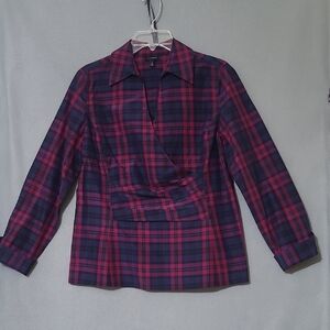 TALBOTS Silk Blend Plaid Faux Wrap Long Sleeve Navy Pink Shirt - Size 10